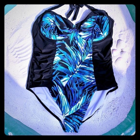 BLACK w BLUE PRINT AVA VIV ONE PIECE SWIMSUIT 20W - Picture 1 of 7